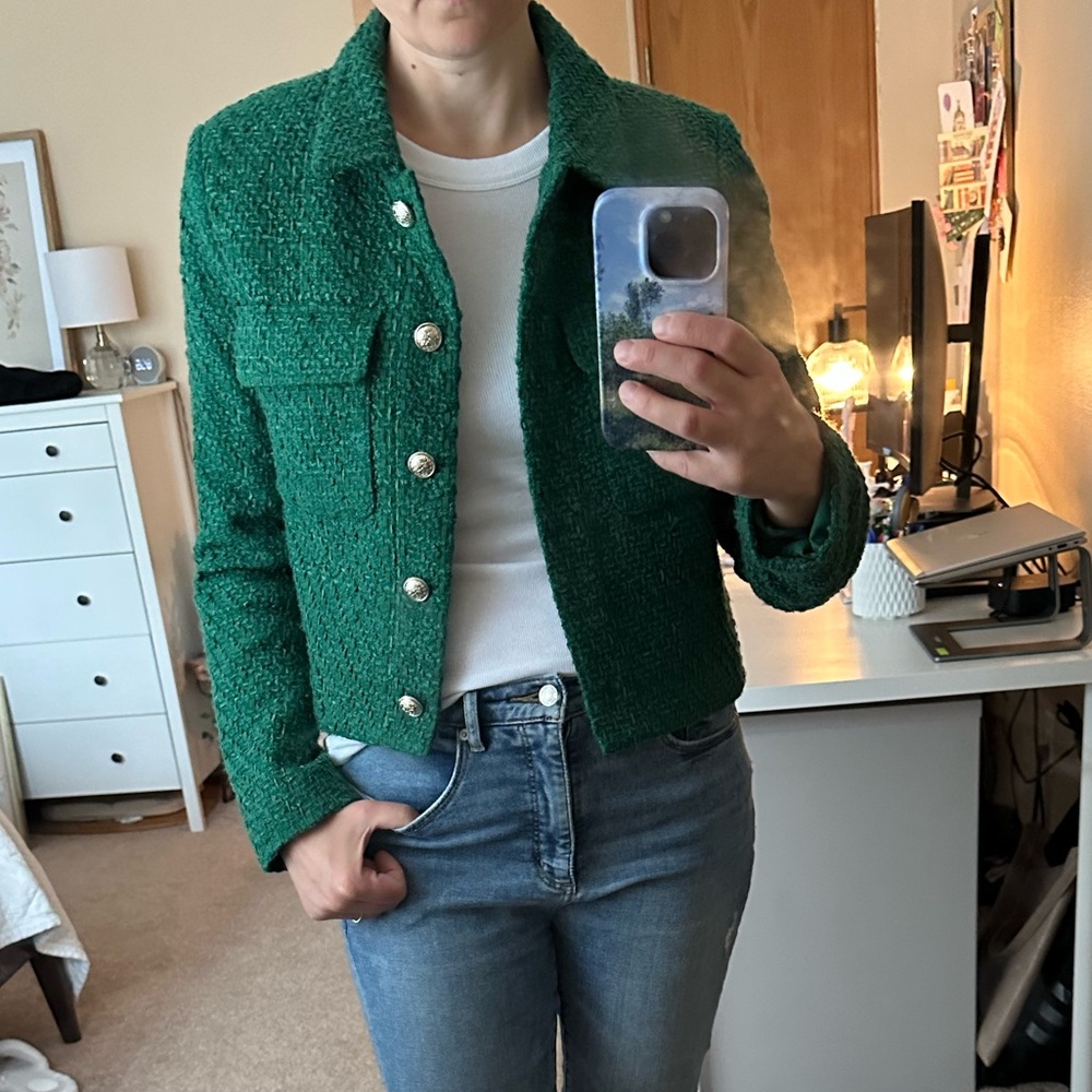 Kelly Green Tweed Textured Jacket with Gold Buttons